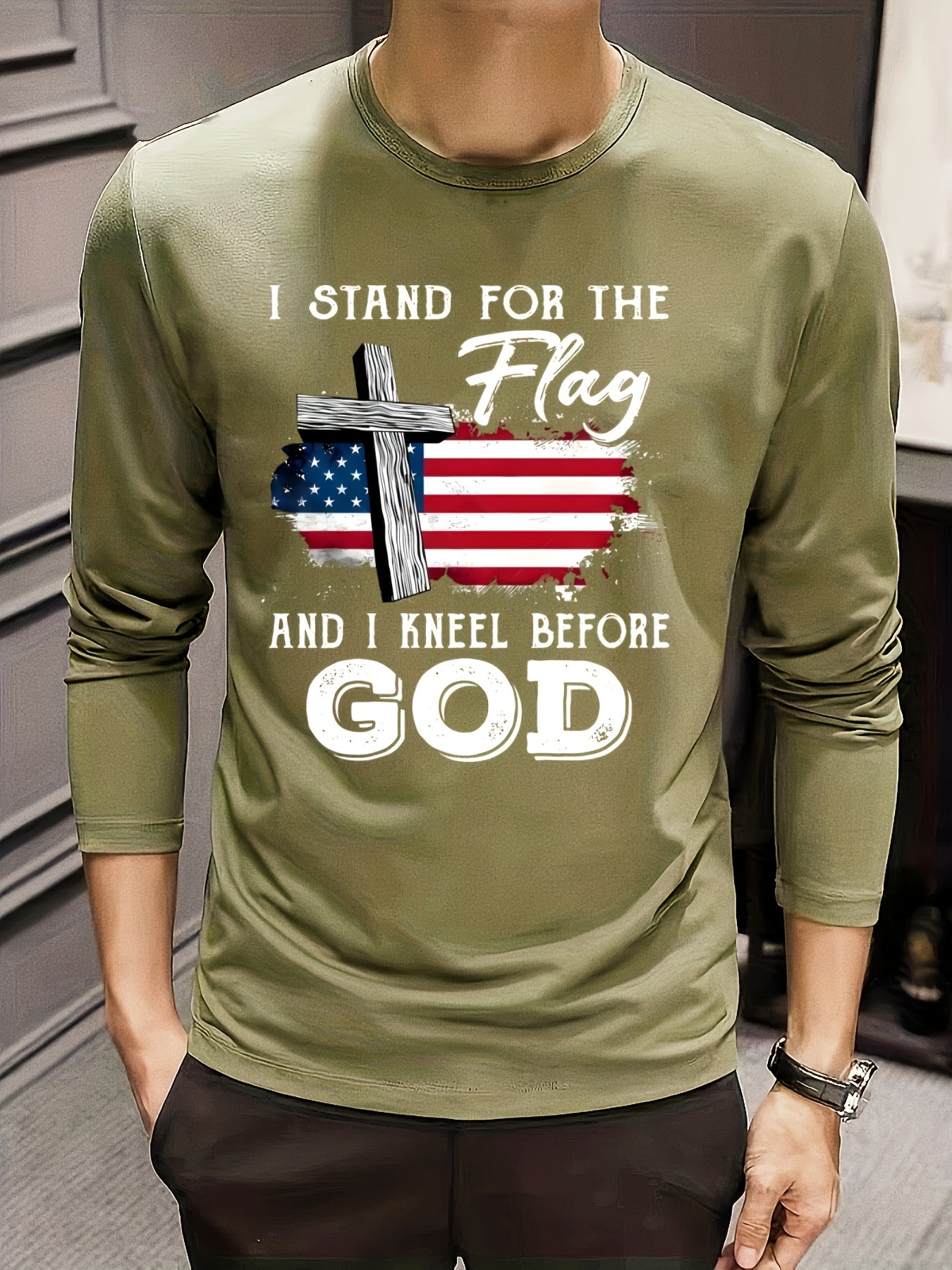 I Stand For The Flag And I Kneel Before God Plus Size Patriotic American Flag Men's Christian Pullover Sweatshirt claimedbygoddesigns