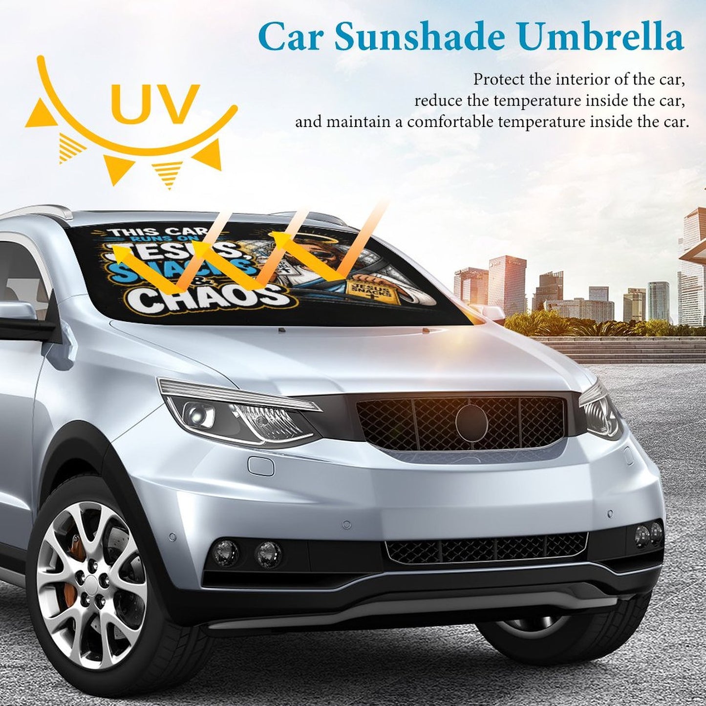 This Car Runs on Jesus, Snacks & Chaos Christian Car Sunshade Umbrella - ClaimedbyGodDesigns