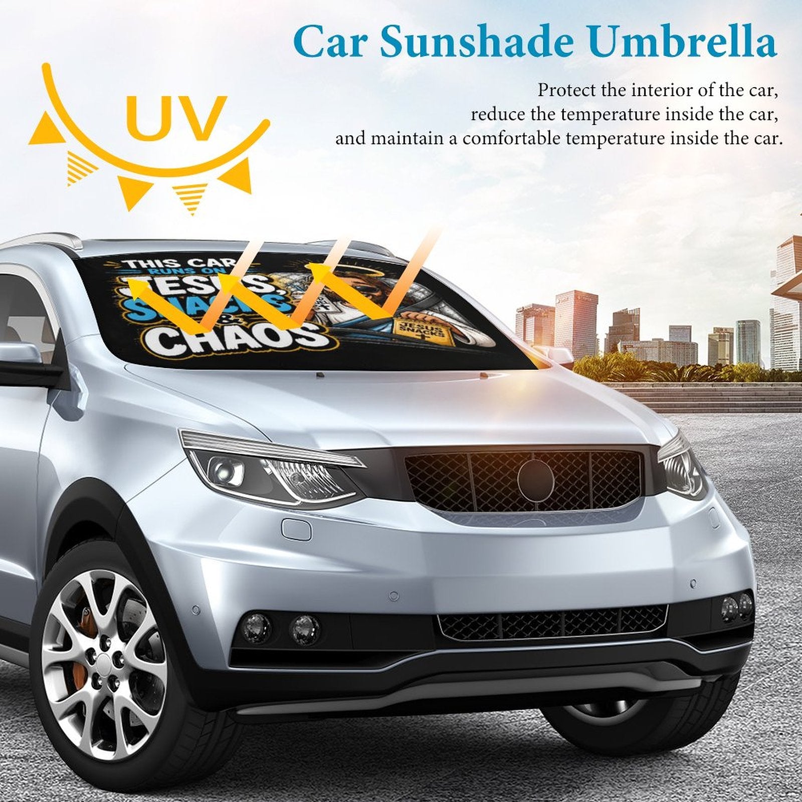 This Car Runs on Jesus, Snacks & Chaos Christian Car Sunshade Umbrella - ClaimedbyGodDesigns