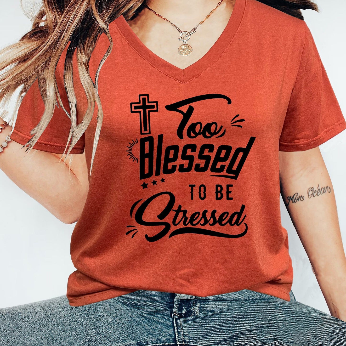 Too Blessed To Be Stressed Plus Size V Neck Women's Christian T-shirt claimedbygoddesigns