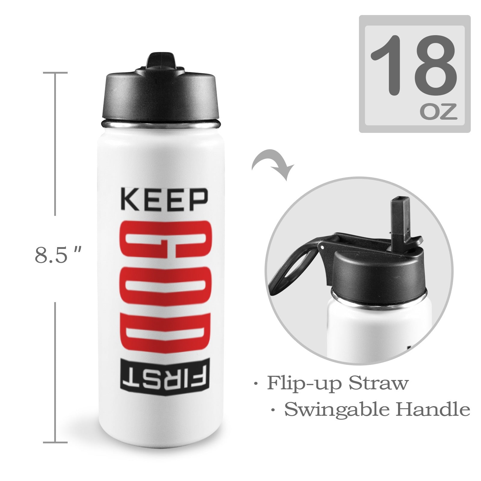 Keep Him First Insulated Christian Water Bottle with Straw Lid (18oz) - ClaimedbyGodDesigns
