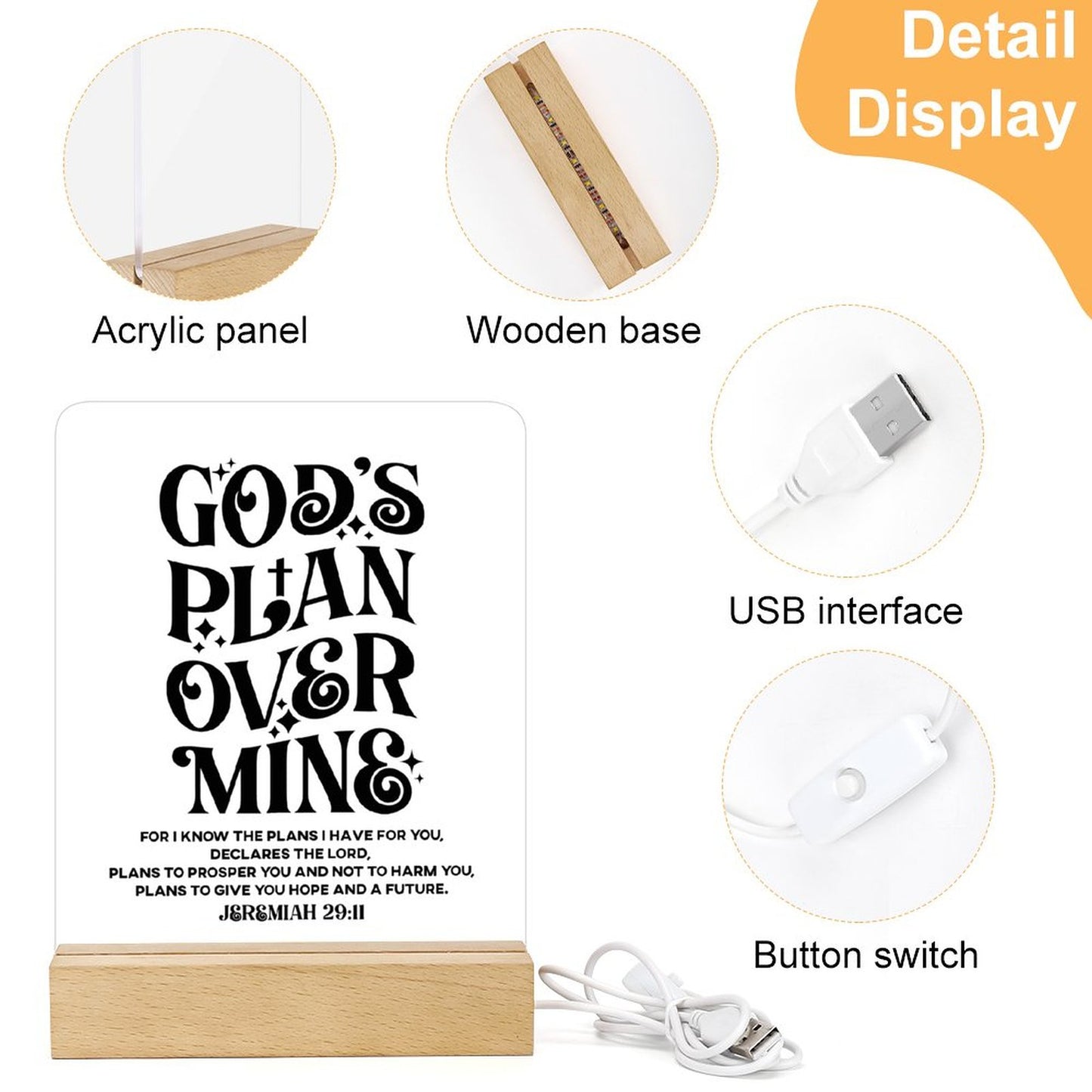 God's Plan Over Mine Christian Acrylic Night Light with Wooden Base Christian Gift Idea