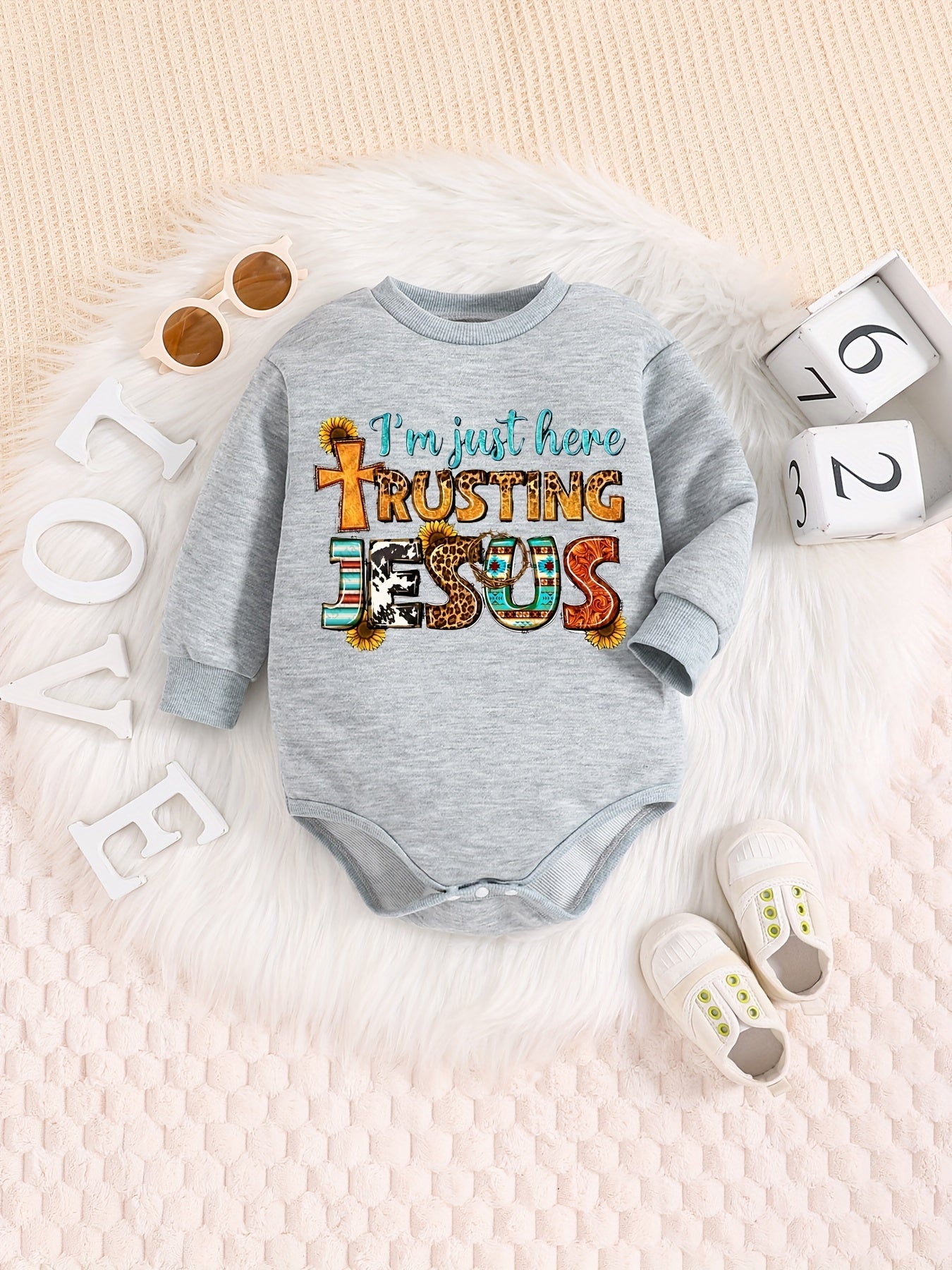 I'M JUST HERE TRUSTING JESUS Long Sleeve Christian Baby Onesie claimedbygoddesigns