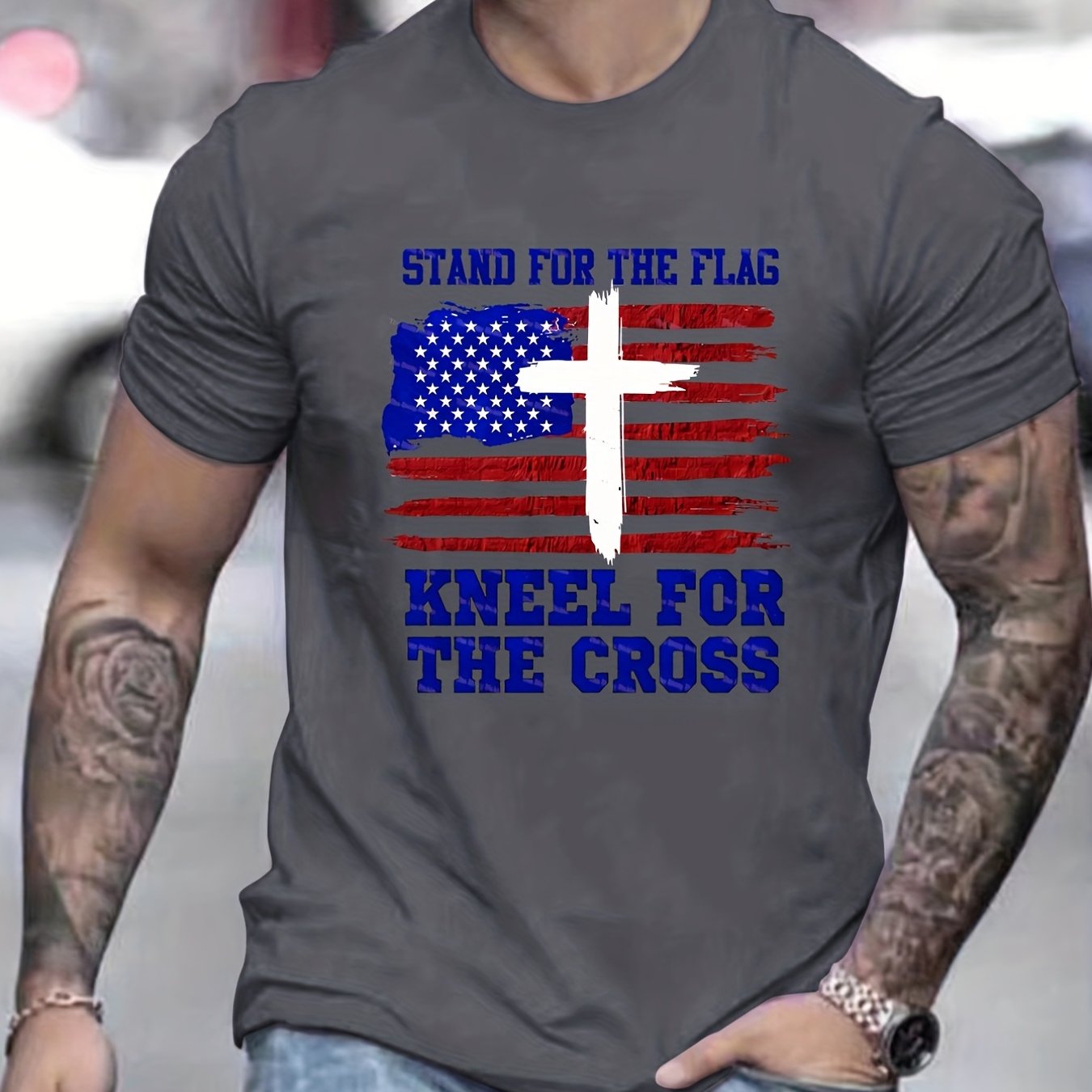 Stand For The Flag Kneel For The Cross Patriotic American Flag Men's Christian T-shirt claimedbygoddesigns