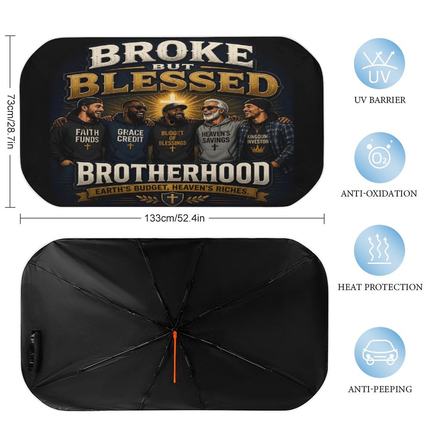 Broke But Blessed Brotherhood — Funny Christian Car Sunshade Umbrella - ClaimedbyGodDesigns