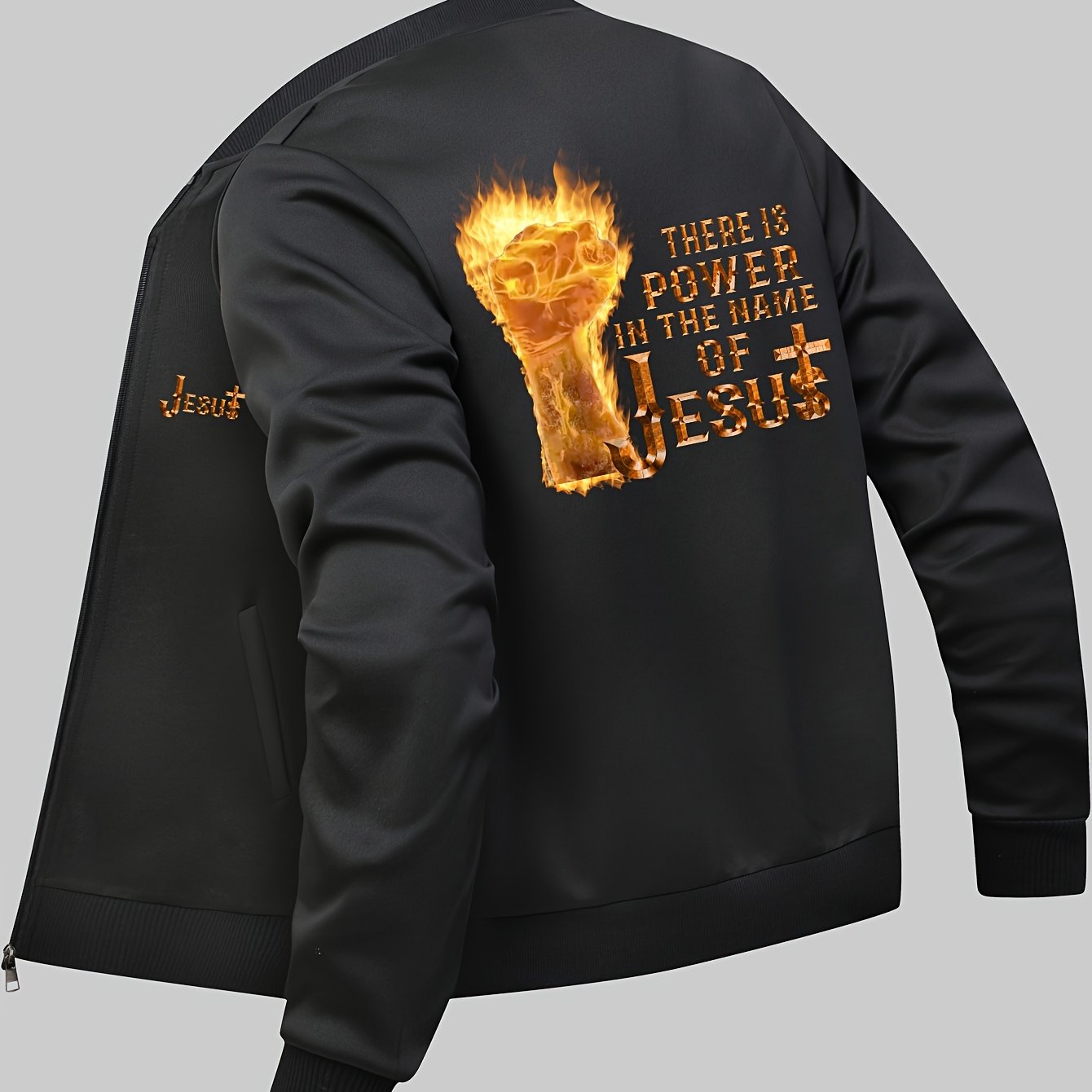 Men's Power In The Name Of Jesus Print Bomber Jacket, Casual Zip-up Jacket With Pockets claimedbygoddesigns