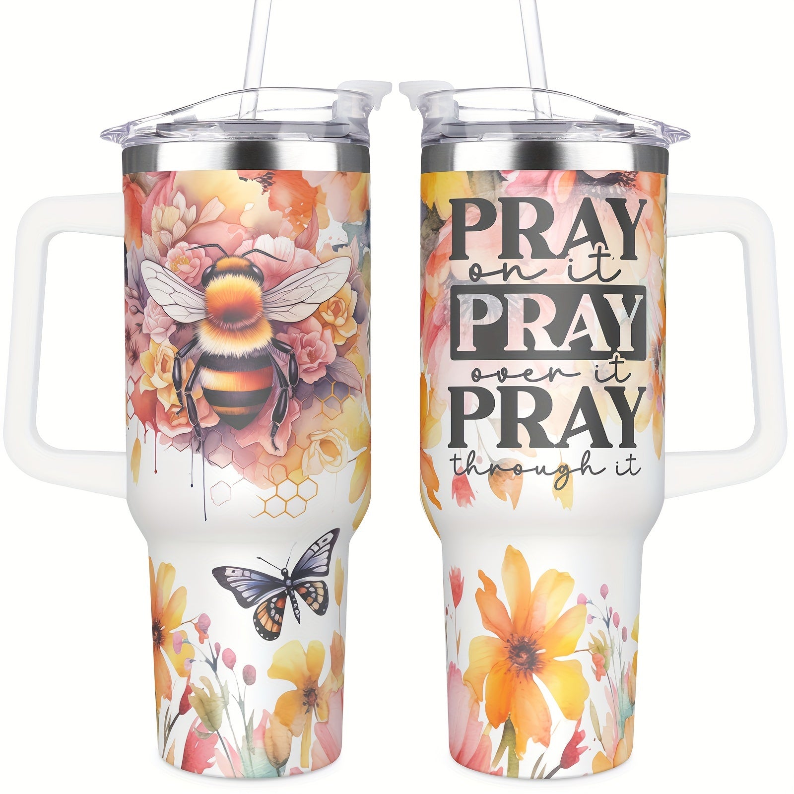 Faith/Pray On It/God's Timing Is Perfect Christian Tumbler 40Oz With Handle & Straw claimedbygoddesigns