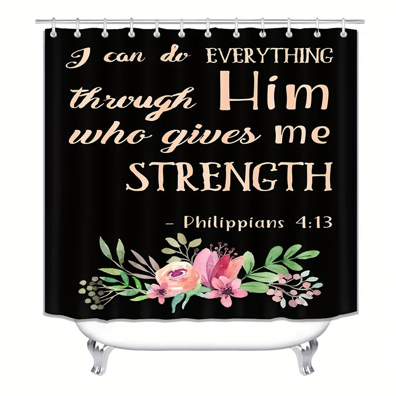 I Can Do All Things 4pcs Non-Slip Christian Bathroom Set with Shower Curtain, Rug, Lid Cover, and Toilet Mat - Includes 12 Hooks claimedbygoddesigns