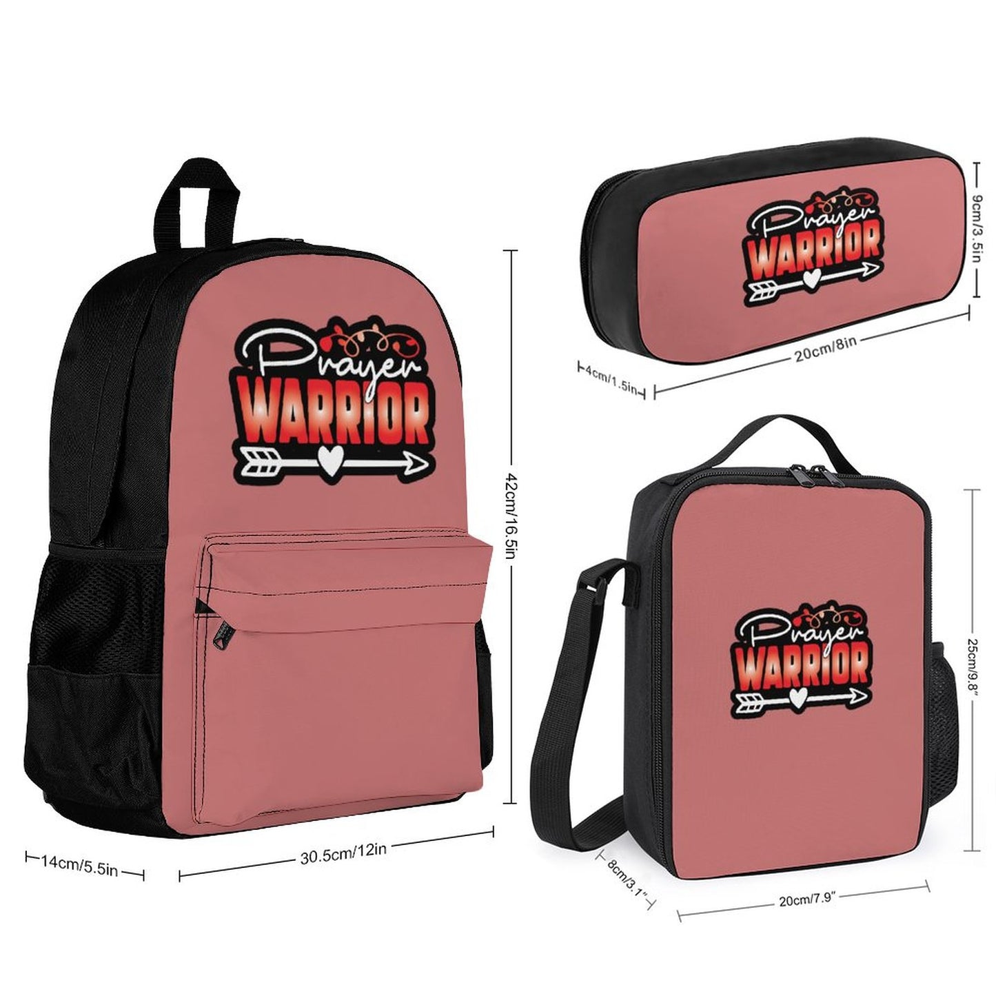 Prayer Warrior Christian Backpack Set of 3 Bags (Shoulder Bag Lunch Bag & Pencil Pouch)