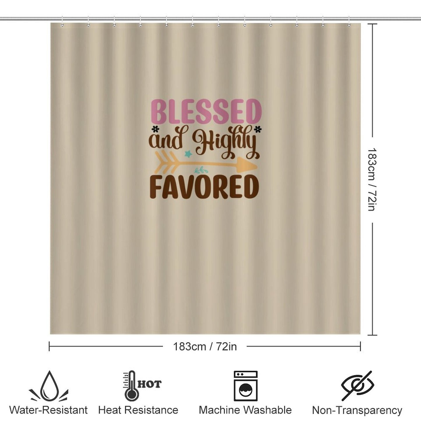 Blessed And Highly Favored Christian Shower Curtain Set with a bath rug, a contour rug and a toilet lid cover.