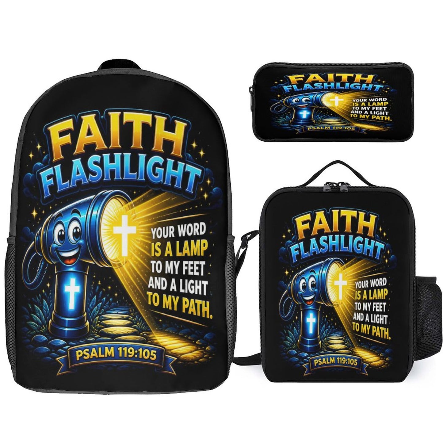 Faith Flashlight Christian 3 PCS Bag Set (Backpack, Lunch Bag and Pencil Case) - ClaimedbyGodDesigns