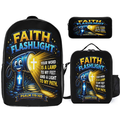 Faith Flashlight Christian 3 PCS Bag Set (Backpack, Lunch Bag and Pencil Case) - ClaimedbyGodDesigns
