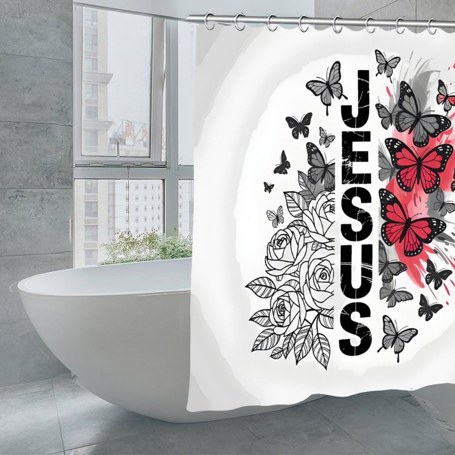 Butterfly Flowered Jesus Christian Waterproof Shower Curtain