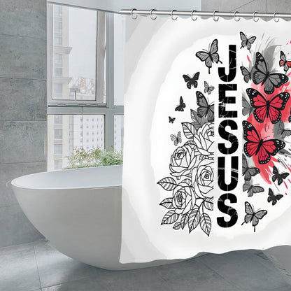 Butterfly Flowered Jesus Christian Waterproof Shower Curtain