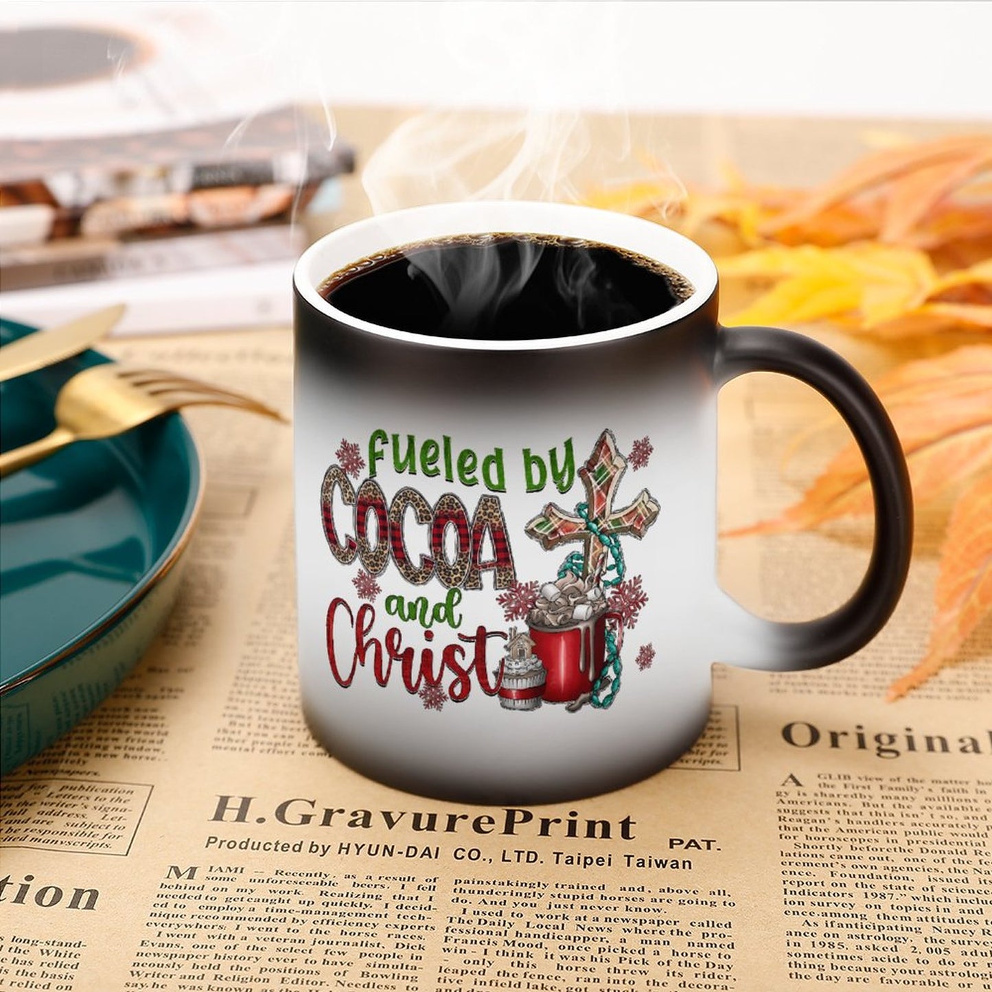 Fueled By Cocoa And Christ (Christmas Themed) Christian Color Changing Mug (Dual-sided)