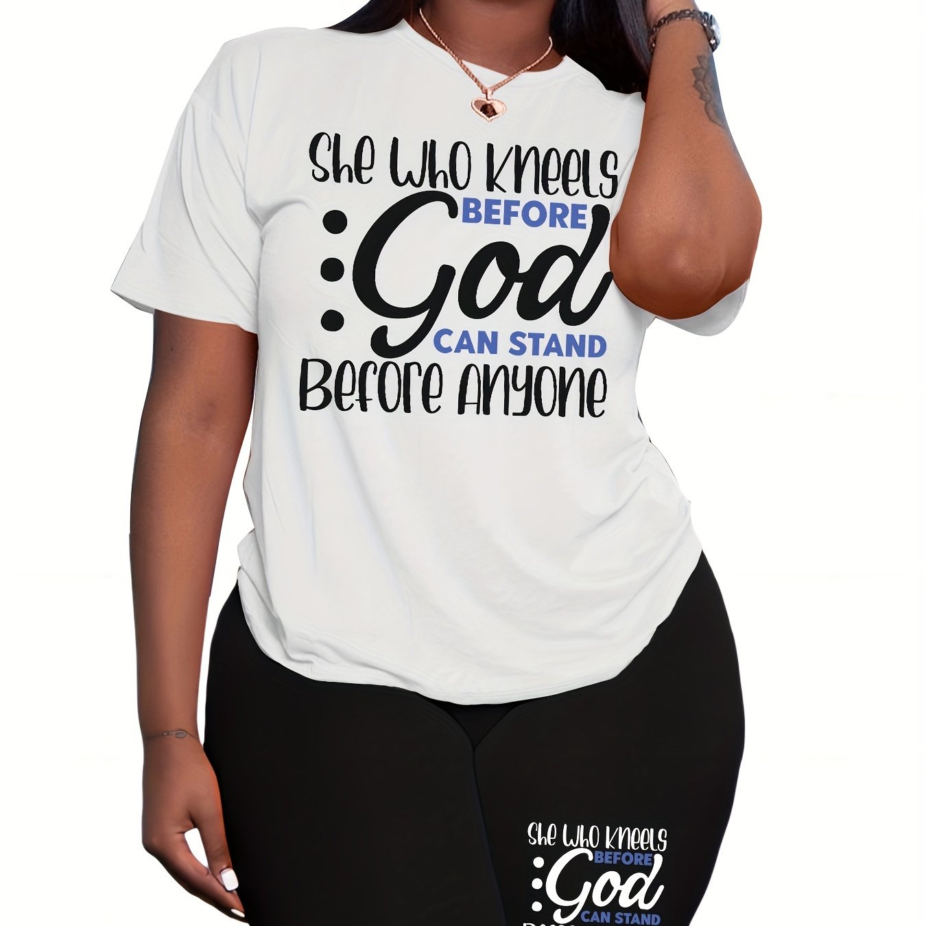 She Who Kneels Before God Can Stand Before Anyone Plus Size Women's Christian Casual Outfit claimedbygoddesigns