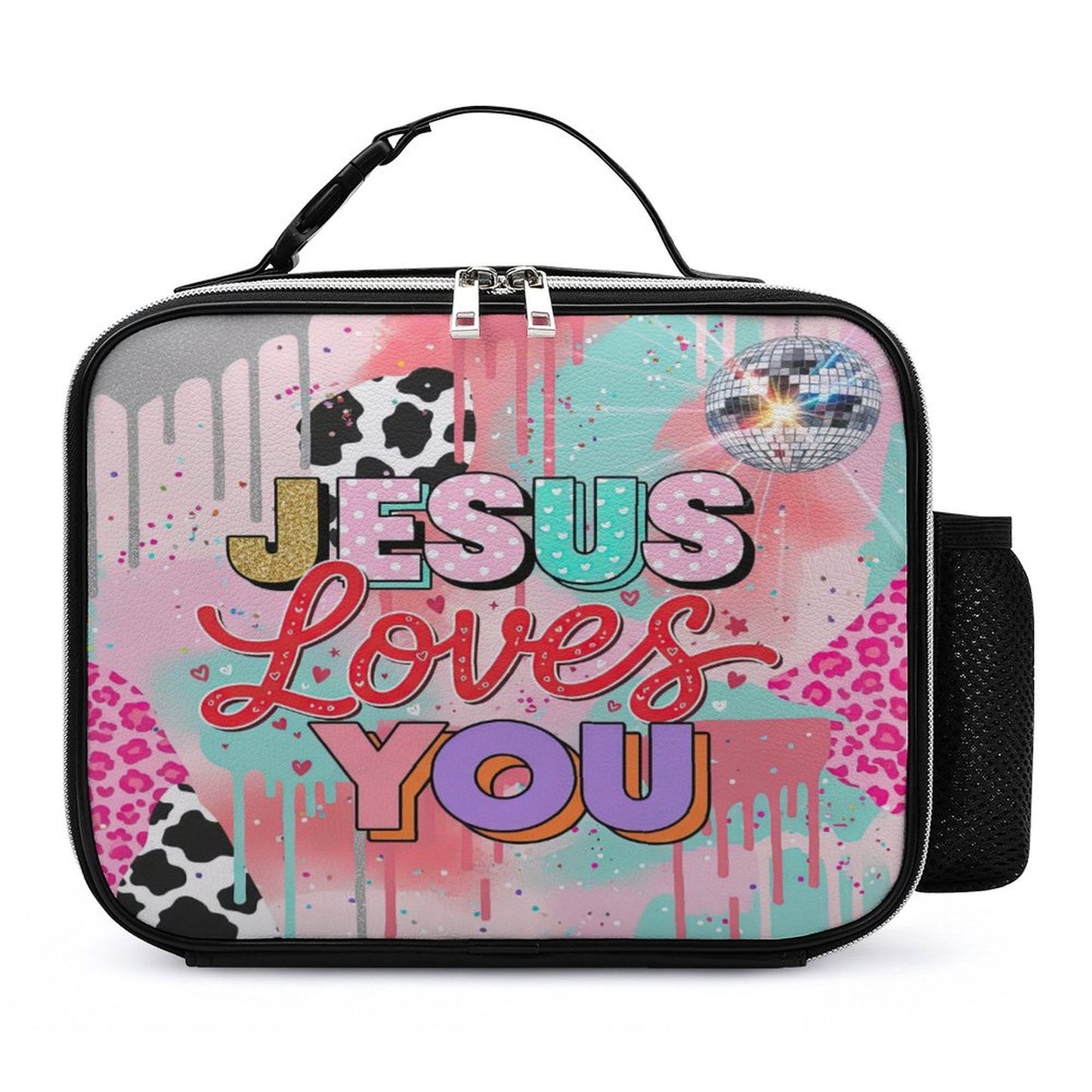 Jesus Loves You Christian PU Leak-proof Lunch Bag with Detachable Buckled Handle