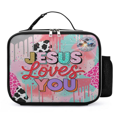 Jesus Loves You Christian PU Leak-proof Lunch Bag with Detachable Buckled Handle