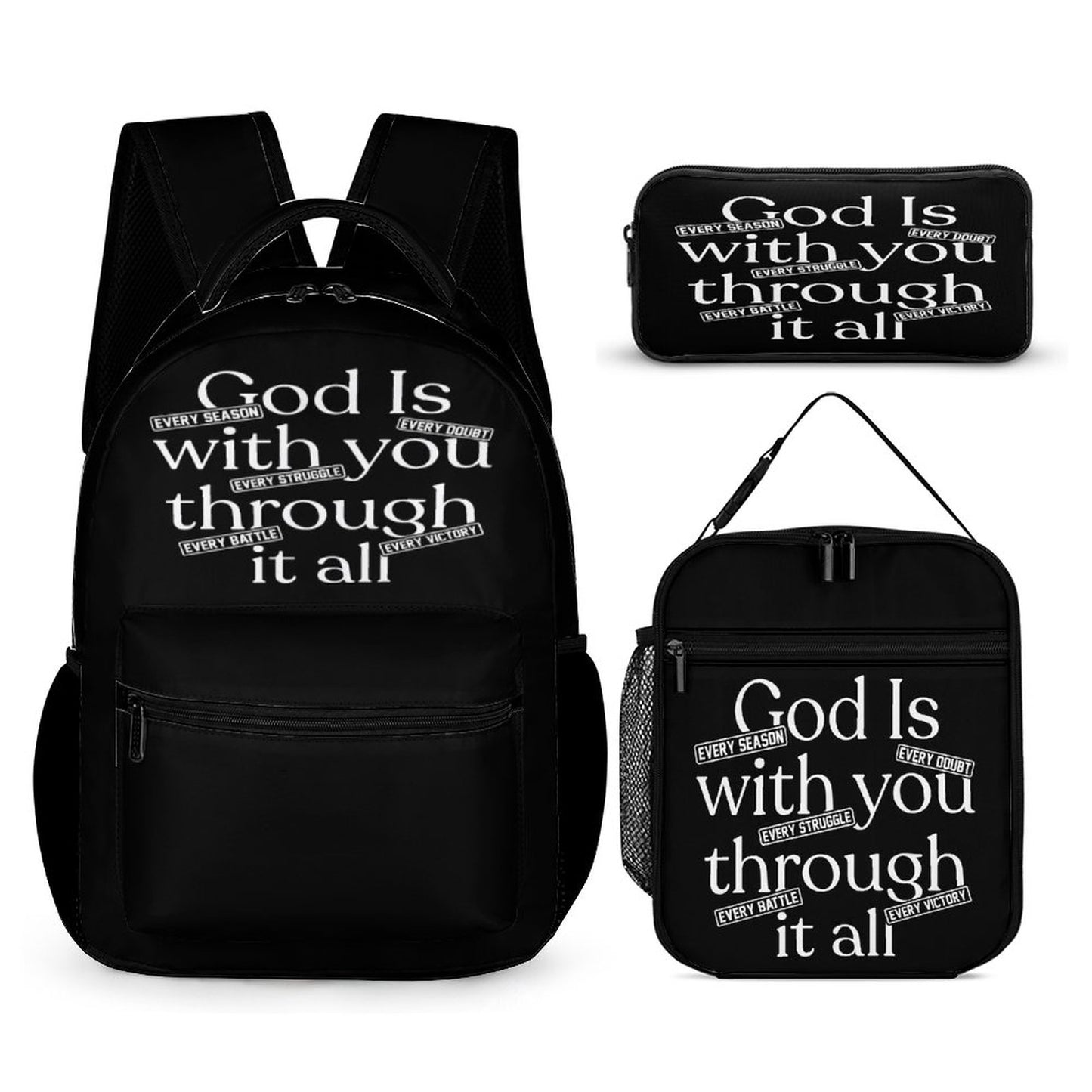 God Is With You Through It All 3 Pcs Christian School Backpack Set for Kids (Backpack, Kid's Insulated Lunch Bag & Pencil Case Organizer)