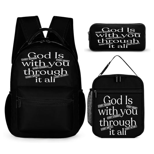 God Is With You Through It All 3 Pcs Christian School Backpack Set for Kids (Backpack, Kid's Insulated Lunch Bag & Pencil Case Organizer)