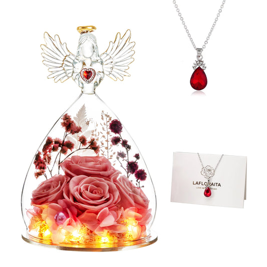 4 Preserved Roses in Glass Angel Figurine With LED Light & Red Necklace Christian Mother's Day Gift claimedbygoddesigns