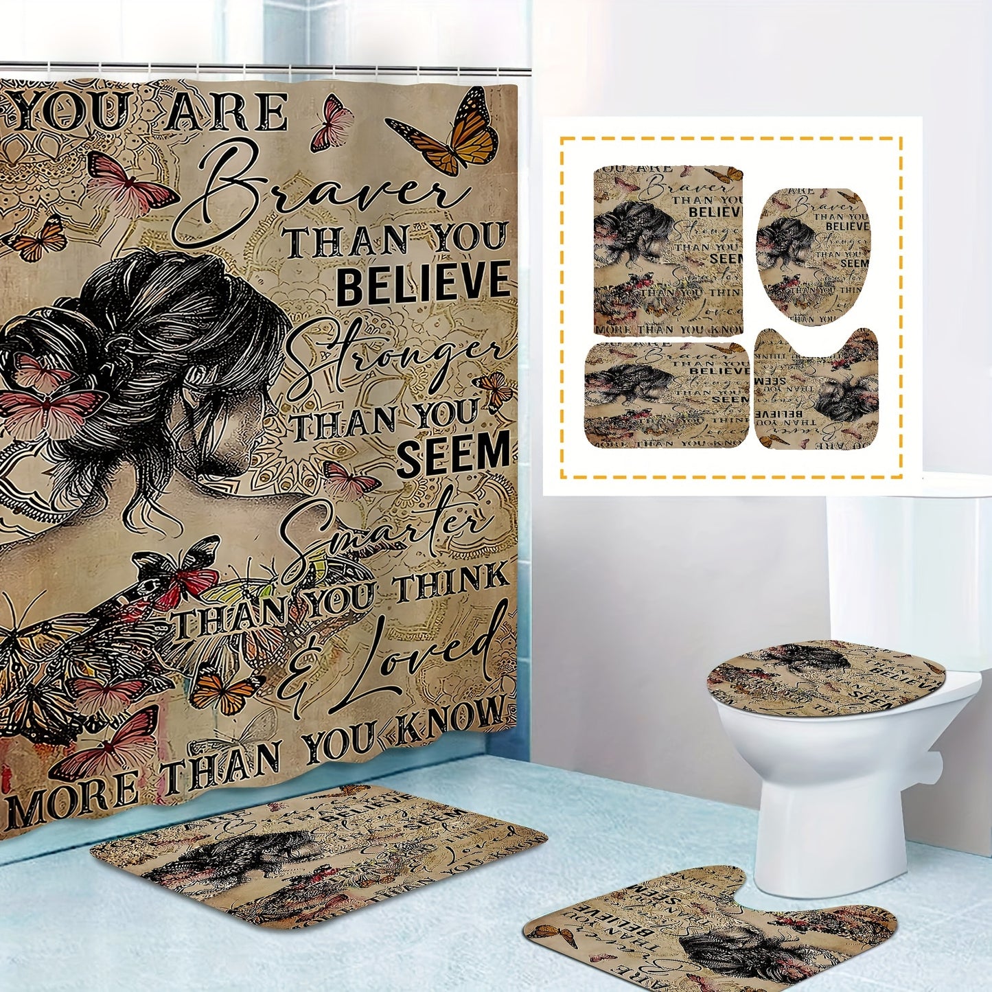 1/3PCS You Are Braver Than You Believe Christian Shower Curtains Set, Non-Slip Bath Mat, Polyester Machine Wash Shower Curtain, Anti-slip Toilet Floor Rugs, Toilet Lid Cover, U-shaped Mat, 70.9inch X 70.9inch claimedbygoddesigns