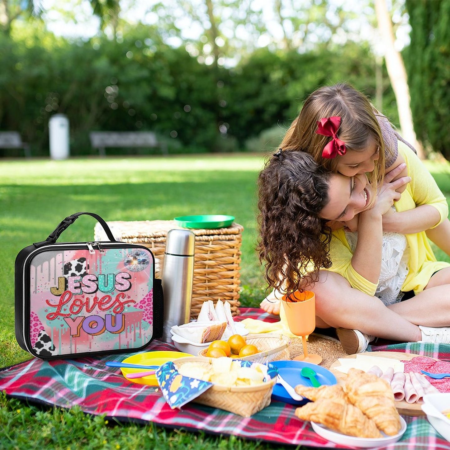 Jesus Loves You Christian PU Leak-proof Lunch Bag with Detachable Buckled Handle