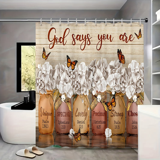 God Says You Are (Butterfly Flower) Christian Shower Curtain Including Hooks claimedbygoddesigns