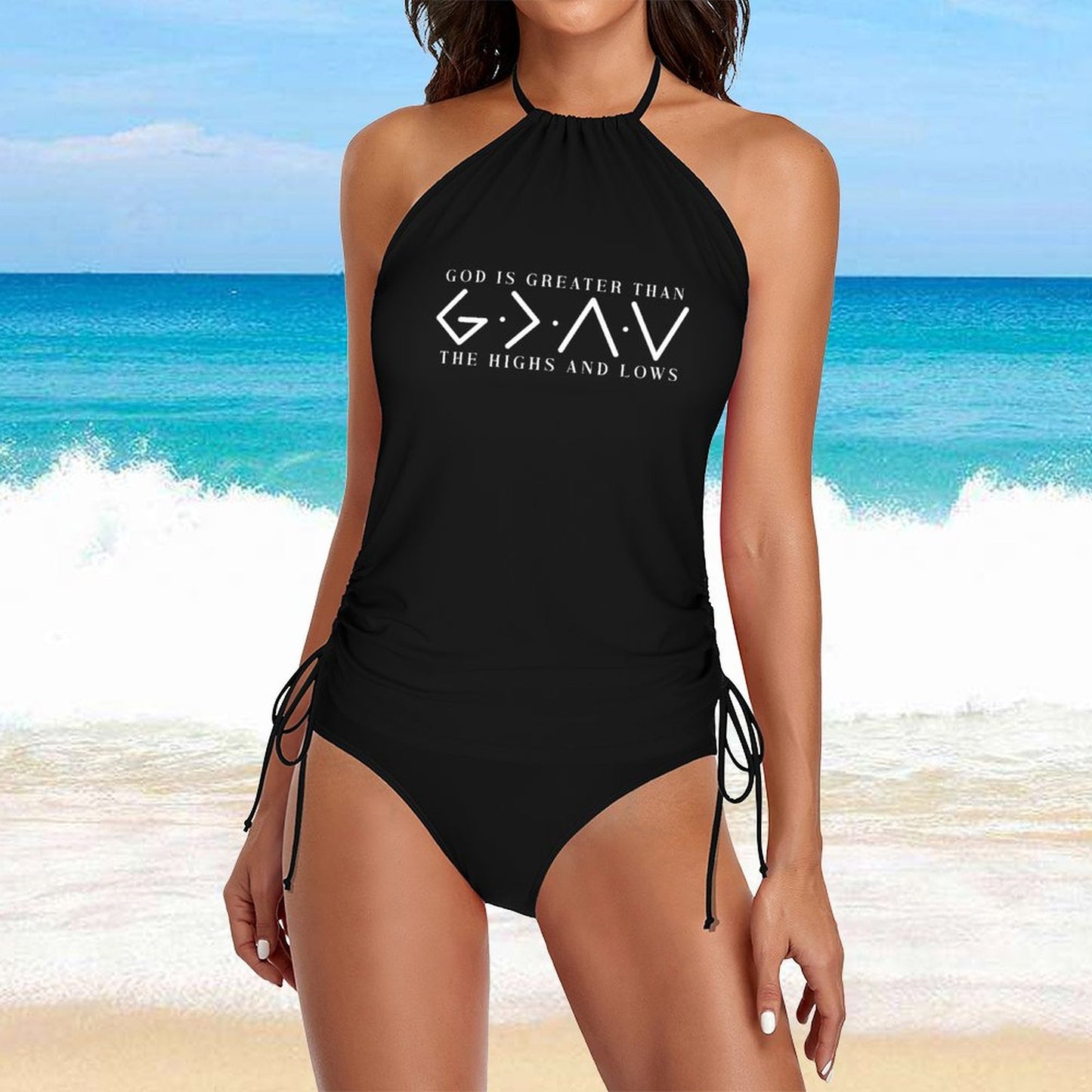 He Is Greater Christian Halter High Neck 2 - Piece Swimsuit Set for Women - ClaimedbyGodDesigns