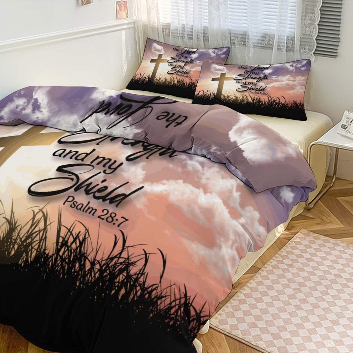 The Lord Is My Strength And My Shield  3-Piece Christian Comforter Bedding Set (Dual-sided Printing)