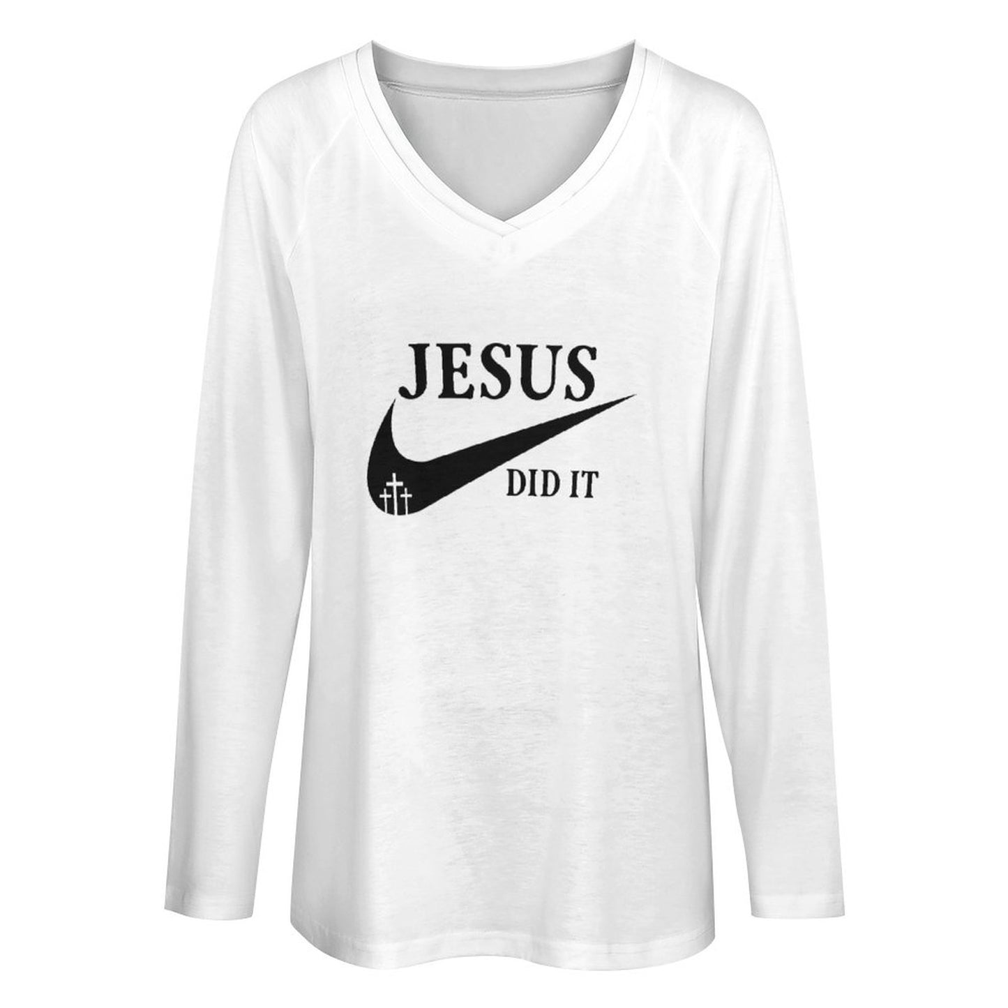 Jesus Did It (Like Nike) V Neck Women's Christian Pullover Sweatshirt SALE-Personal Design