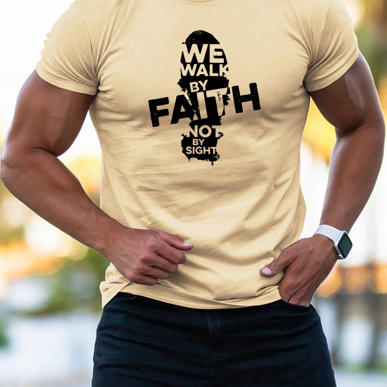 Walk By Faith (footprint 2) Men's Christian T-shirt claimedbygoddesigns