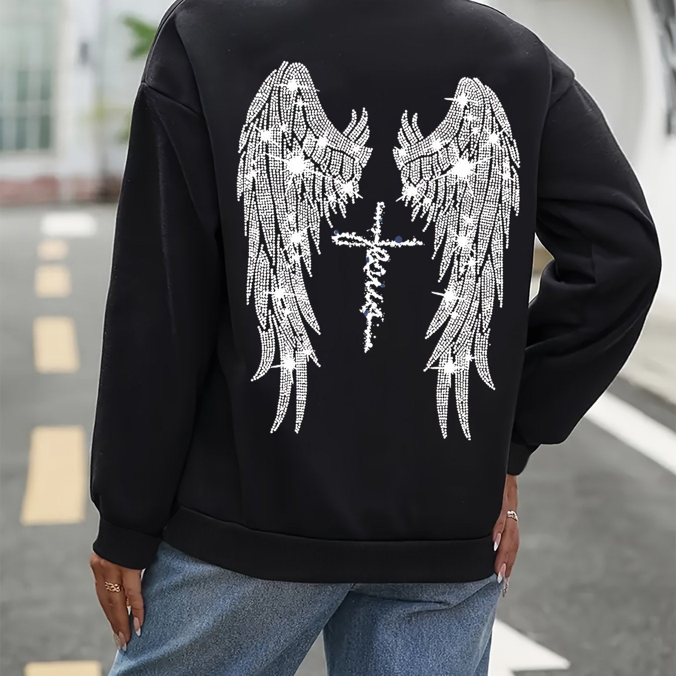 Jesus (angel wings) Plus Size Women's Christian Pullover Sweatshirt claimedbygoddesigns