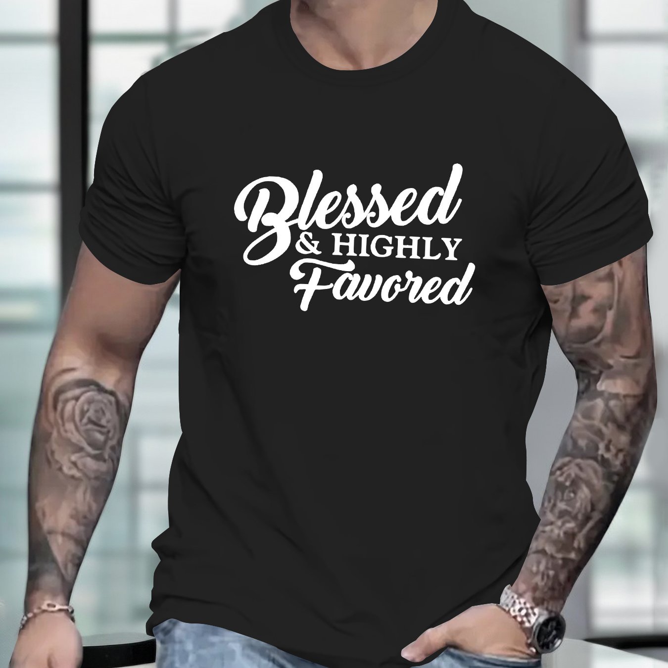 Blessed and Highly Favored Christian Men's T-shirt claimedbygoddesigns