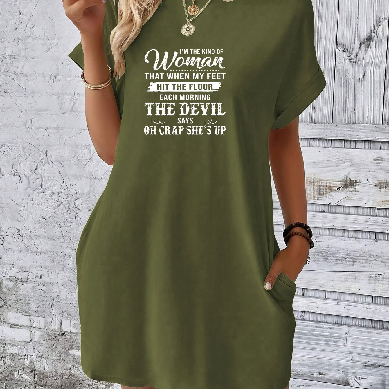 The Devil Says Oh Crap She's Up Women's Christian T-shirt Casual Dresses claimedbygoddesigns