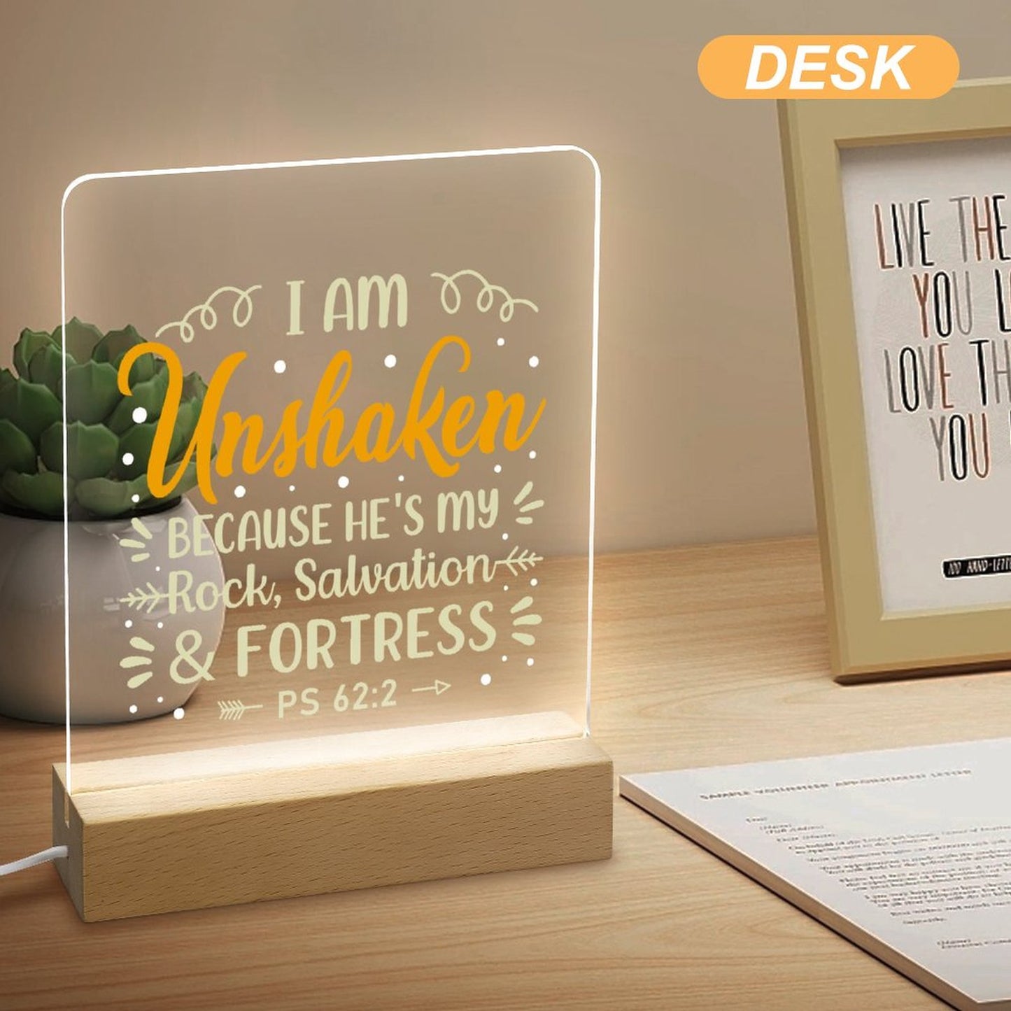 I Am Unshaken Because He's My Rock Salvation And Fortress Christian Acrylic Night Light with Wooden Base Christian Gift Idea