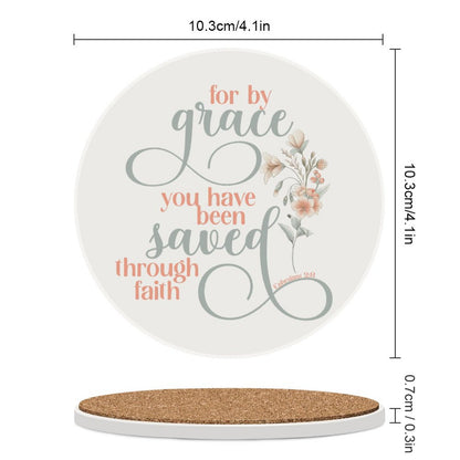 Saved Through Faith Christian Round Ceramic Coaster - ClaimedbyGodDesigns