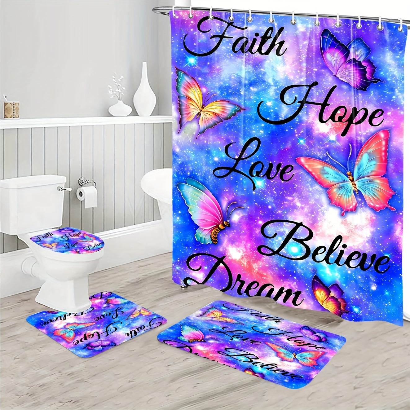 1/4pcs Faith Hope Love Christian Shower Curtain Set, Bathroom Rug, U-Shape Mat, Toilet Lid Pad, Waterproof Curtain With 12 Plastic Hooks claimedbygoddesigns