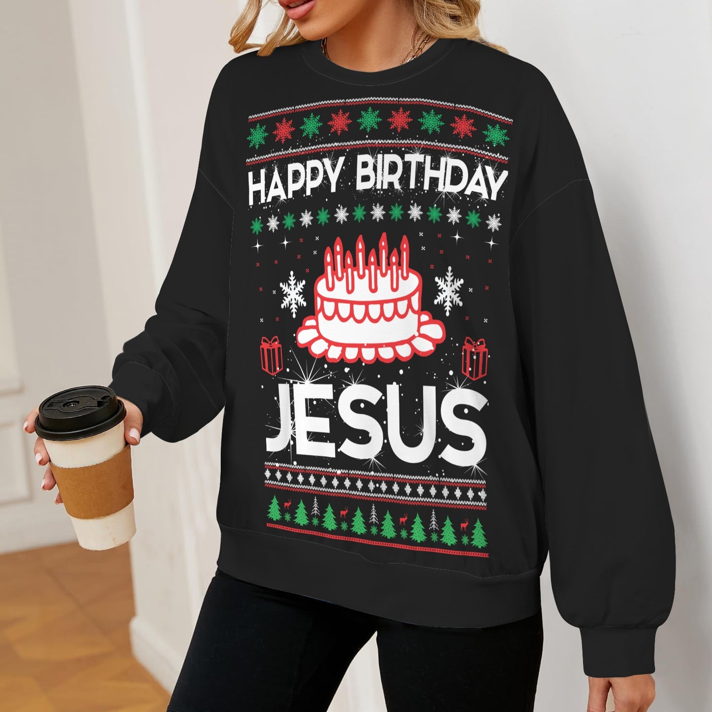 Happy Birthday Jesus Christmas Themed Women's Christian Oversized Crew Neck Pullover Sweatshirt