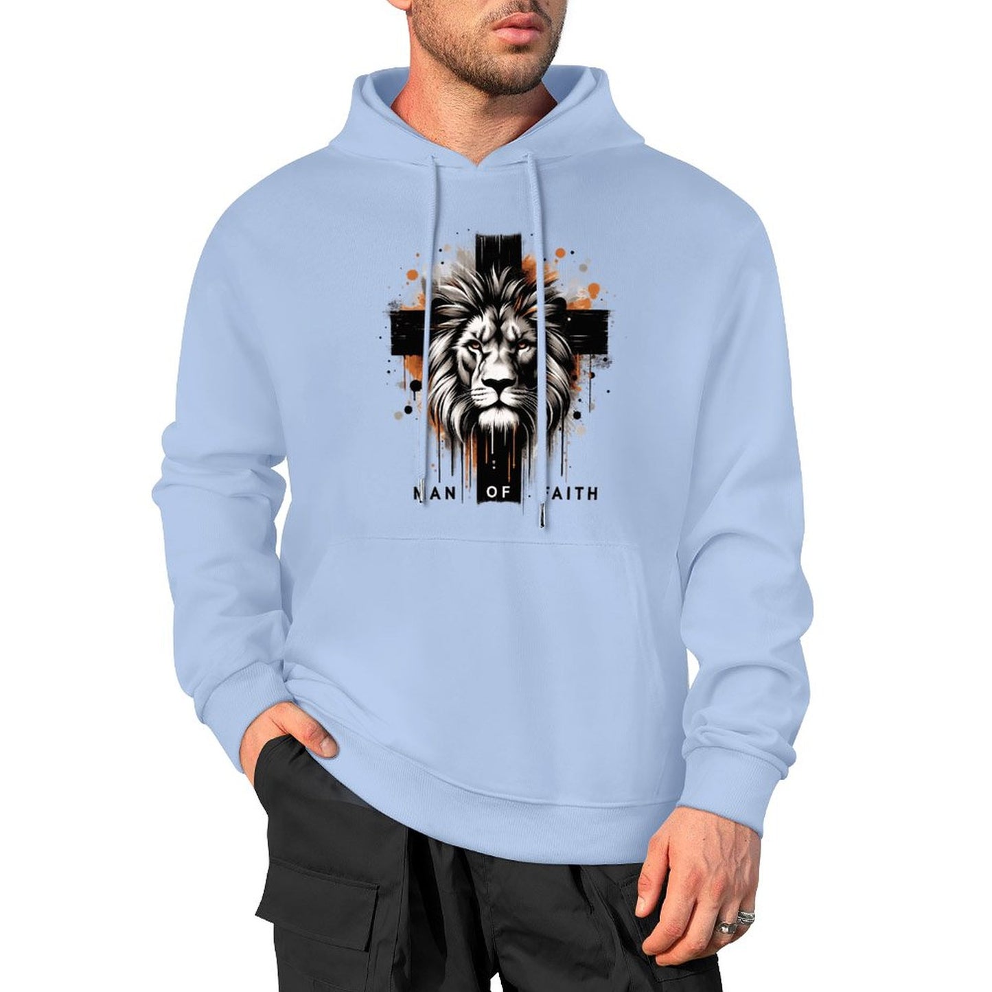 Man of Faith (lion cross) Men's Christian Hooded Pullover Sweatshirt