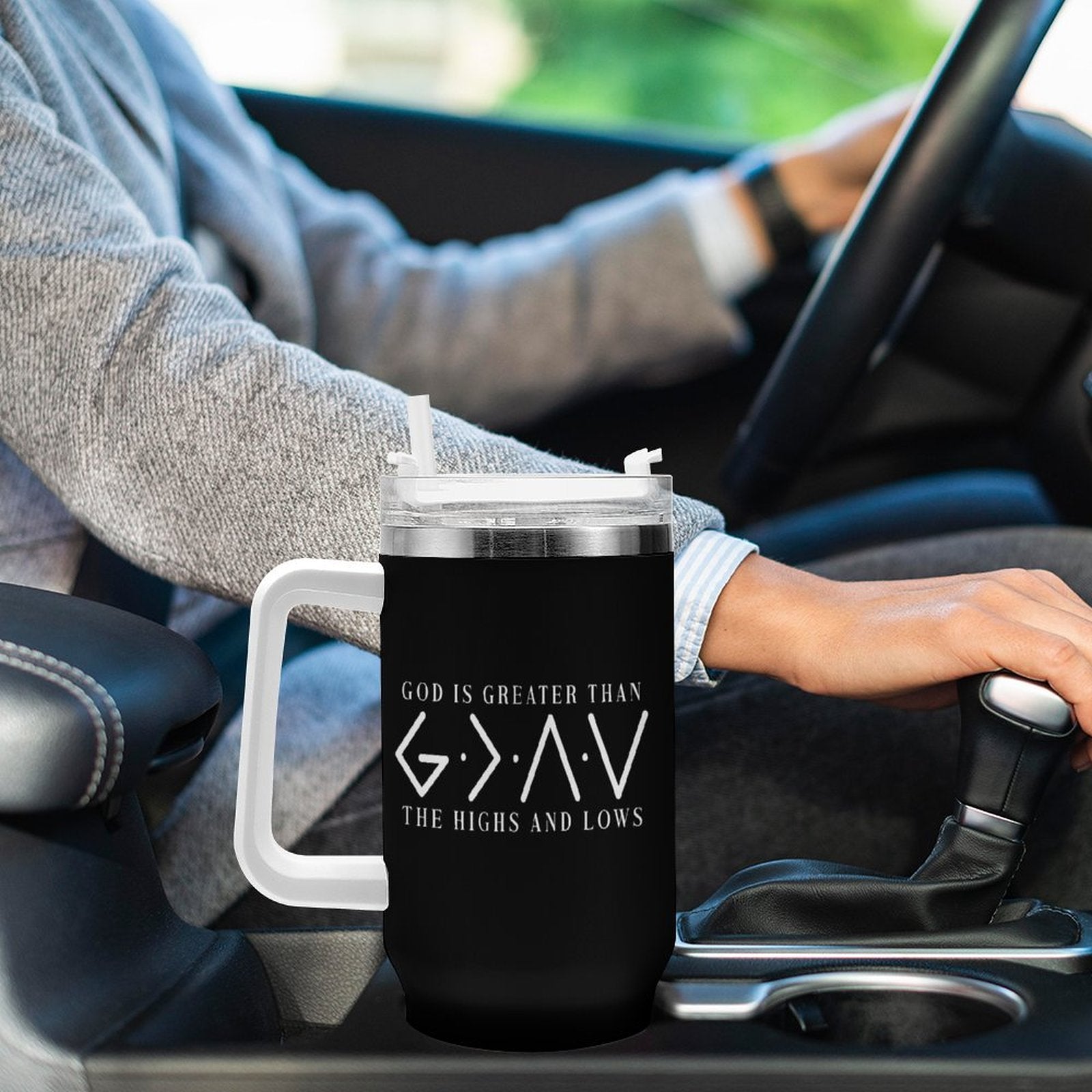 He Is Greater Christian 40oz Large Capacity Car Tumbler (double - sided print) - ClaimedbyGodDesigns