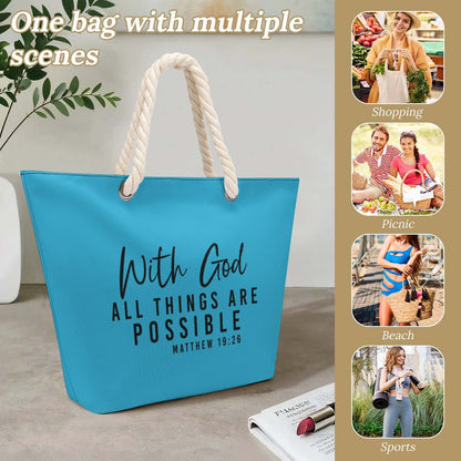 With God All Things Are Possible Christian Large Jute Tote Bag
