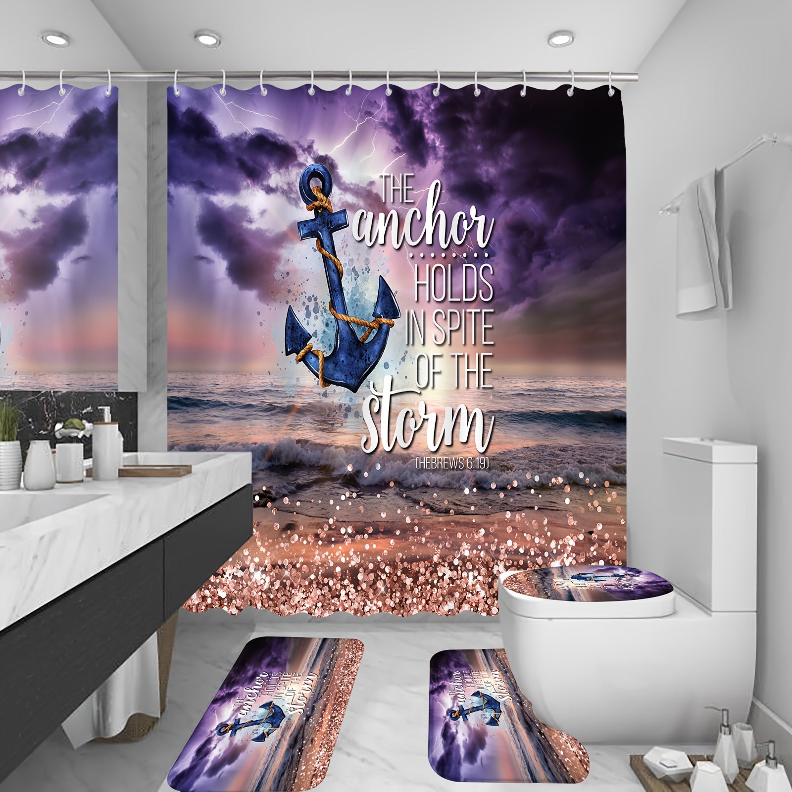 1/4pcs The Anchor Holds In Spite Of The Storm Christian Shower Curtain With 12 Hooks, Non-Slip Bath Rug, U-Shape Mat, Toilet Lid Cover Pad claimedbygoddesigns