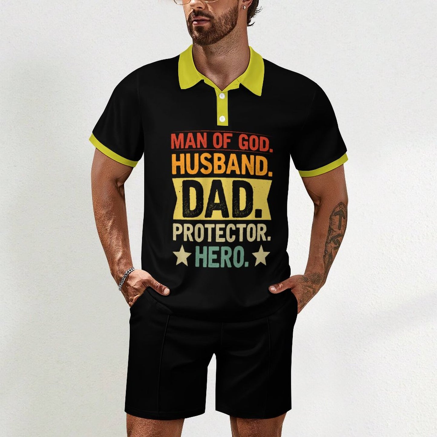 Man Of God Husband Dad Protector Hero Men's Christian Casual Outfit Polo Set SALE-Personal Design