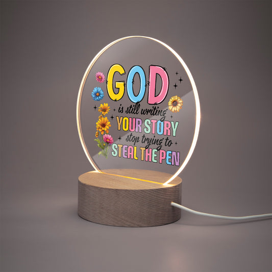 He Is Still Writing Your Story Acrylic Plaque with Stand - Round - ClaimedbyGodDesigns