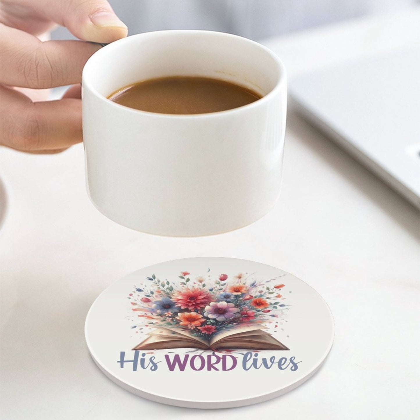 His Word Lives Round Ceramic Coaster - ClaimedbyGodDesigns