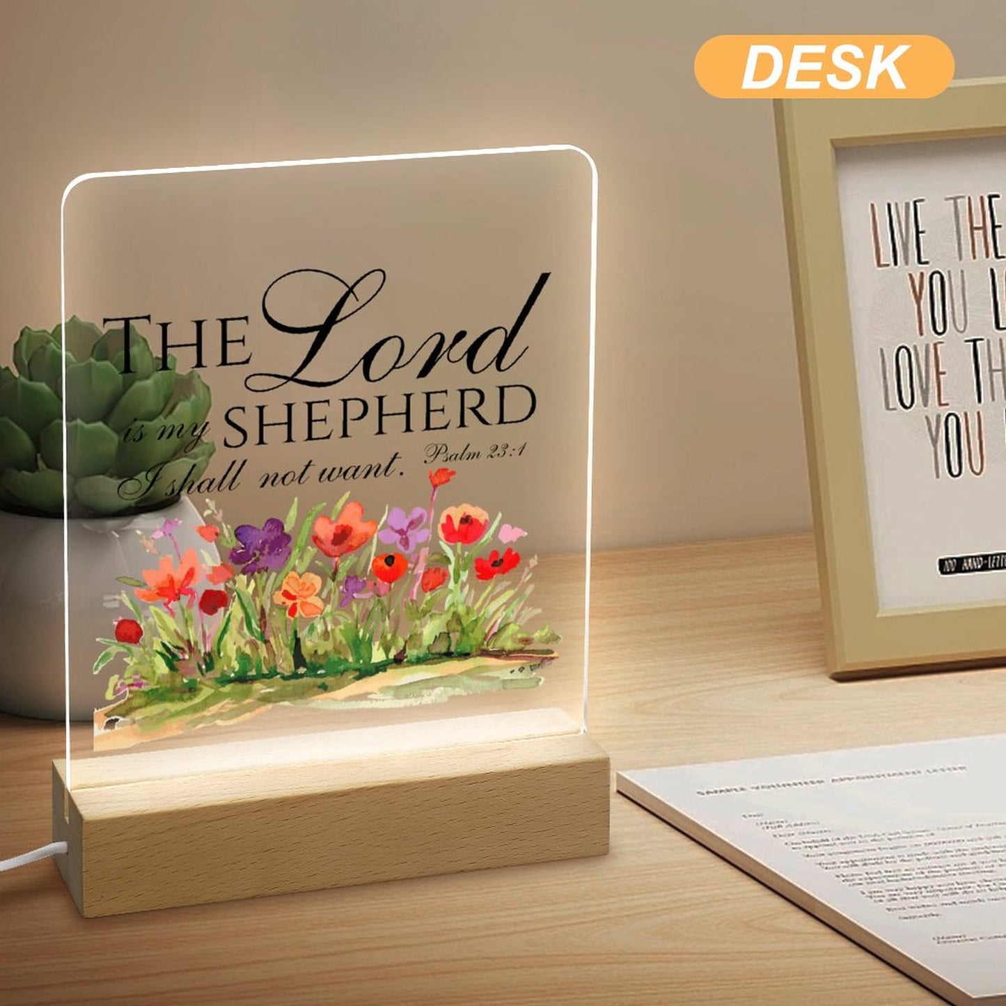 Psalm 23:1 The Lord Is My Shepherd Christian Acrylic Night Light with Wooden Base Christian Gift Idea