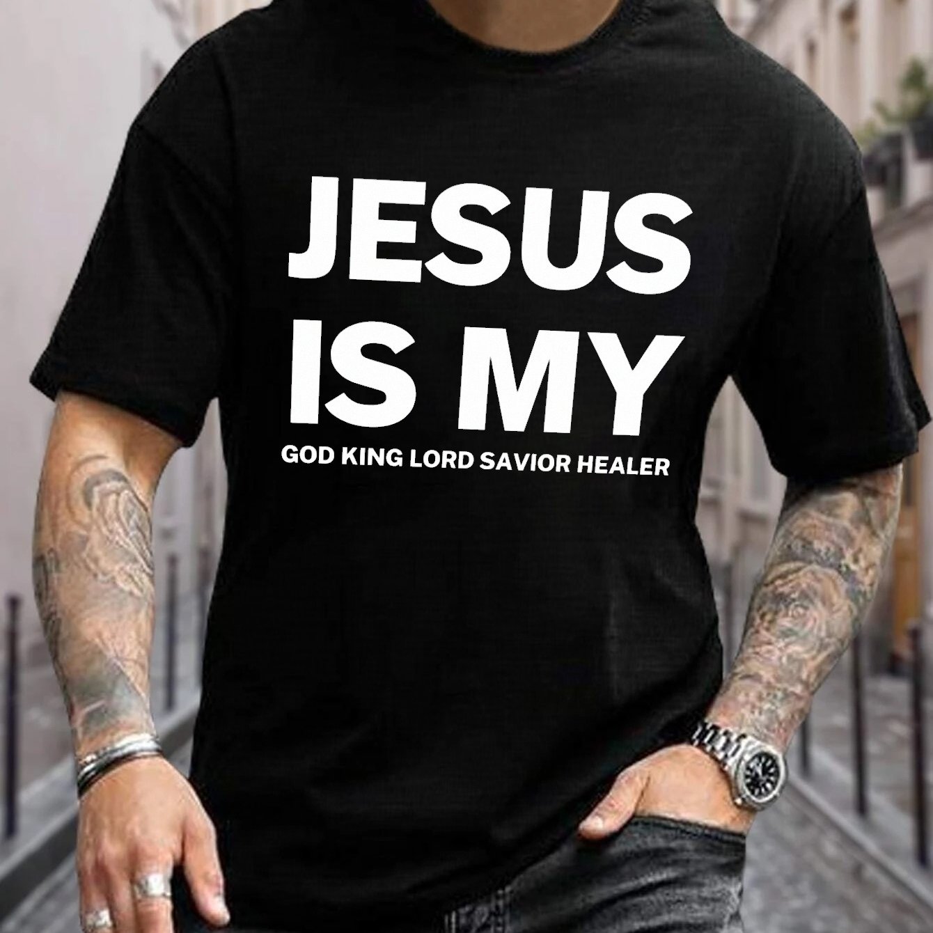 JESUS IS MY GOD KING LORD SAVIOR HEALER PLUS SIZE Men's Christian T-shirt claimedbygoddesigns