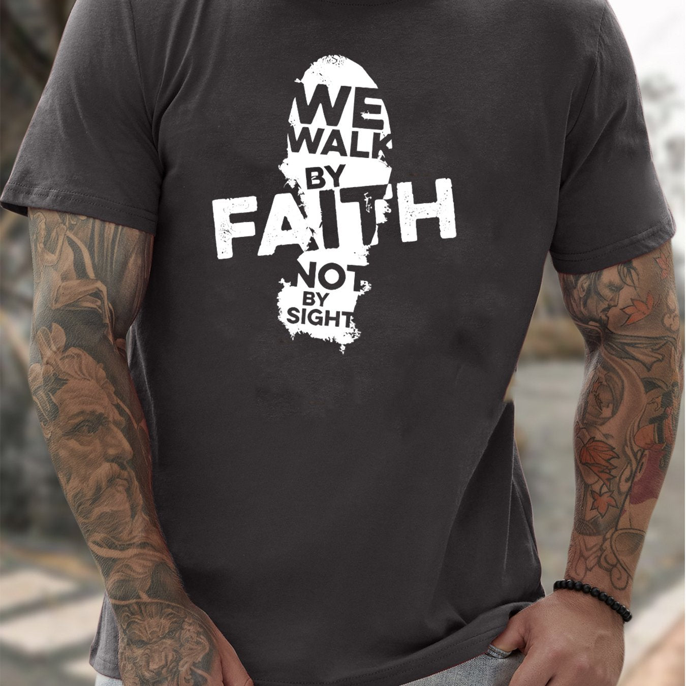 Walk By Faith (footprint 2) Men's Christian T-shirt claimedbygoddesigns