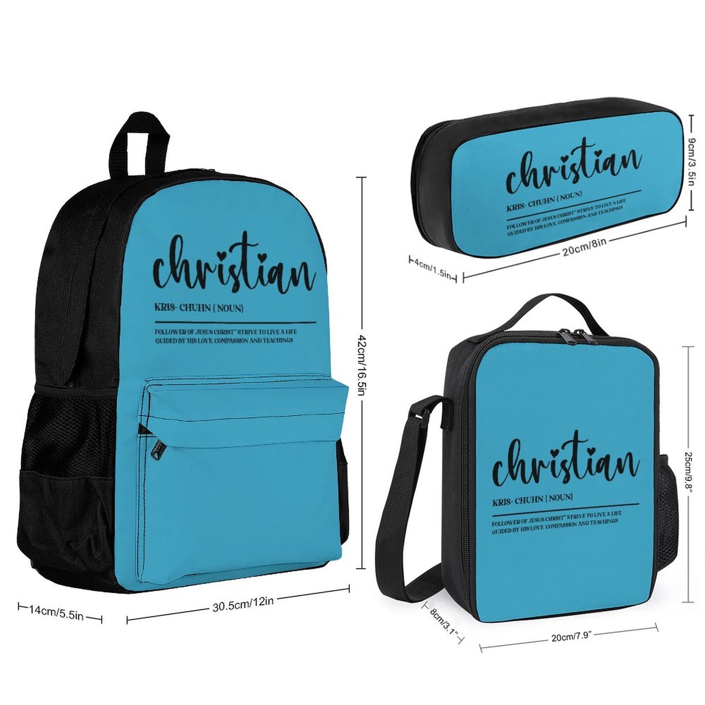 I Am A Christian Follower Of Christ Christian Backpack Set of 3 Bags (Shoulder Bag Lunch Bag & Pencil Pouch)